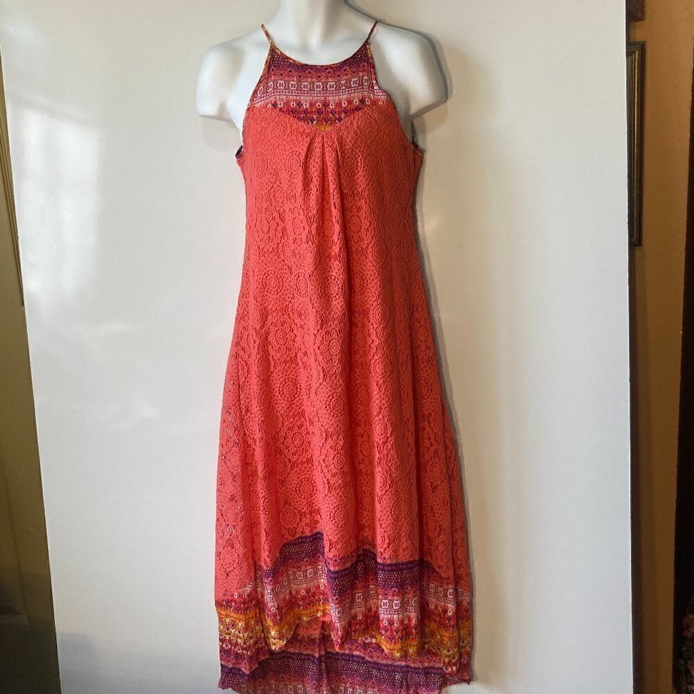 Maurices Coral Crochet Maxi Dress with Multicolor Border